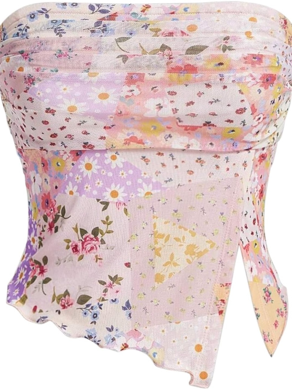 Strapless Floral Satin Crop Top - Pink